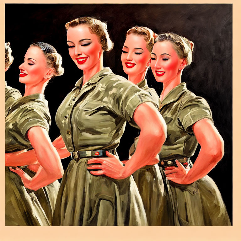Four Women in Vintage Military Dresses Posing Together