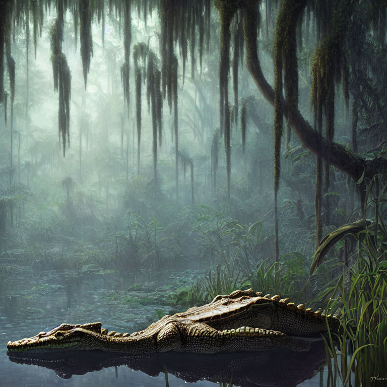 Crocodile resting by serene lake in foggy forest with Spanish moss-draped trees.