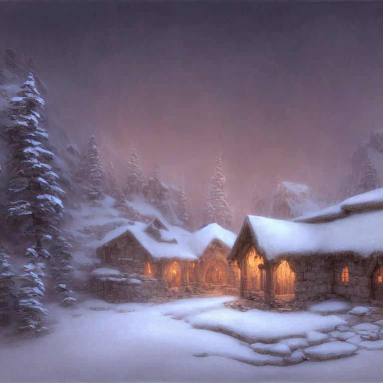 Twilight scene of snow-covered cabins among pine trees