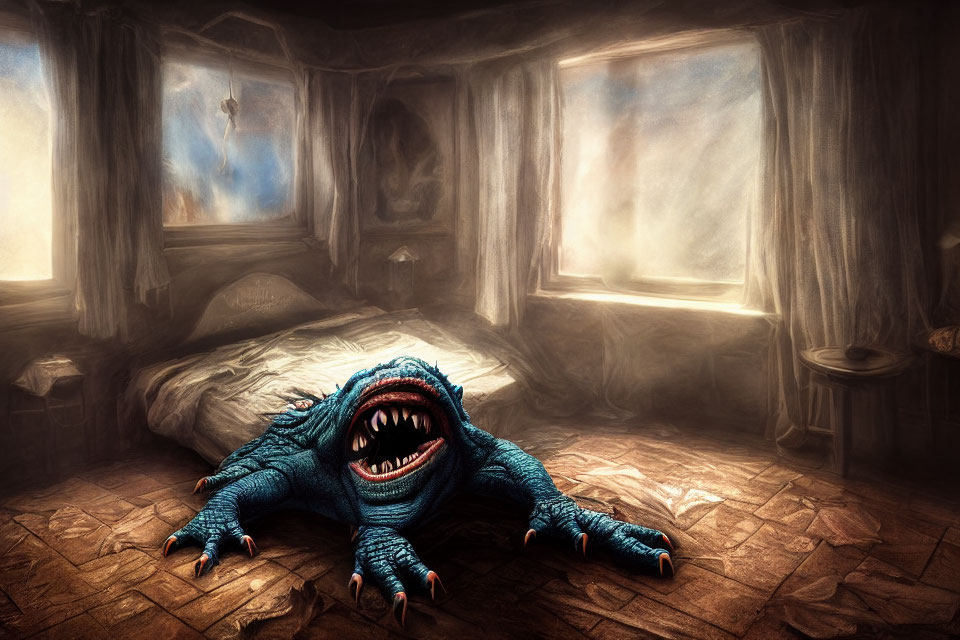 Blue creature with sharp teeth in dimly lit bedroom with painting