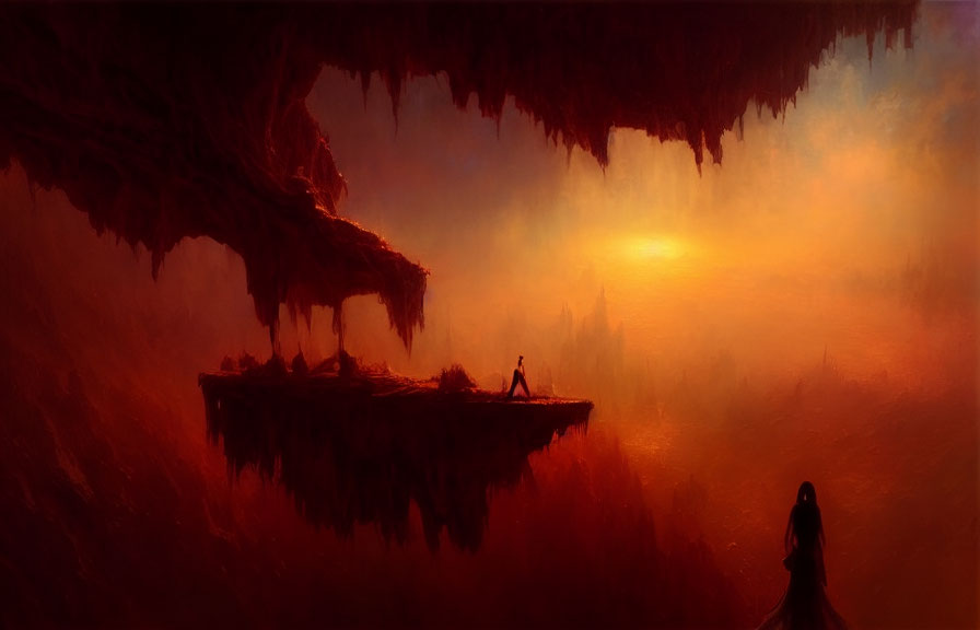 Fantasy landscape with figures on floating islands under warm sunset