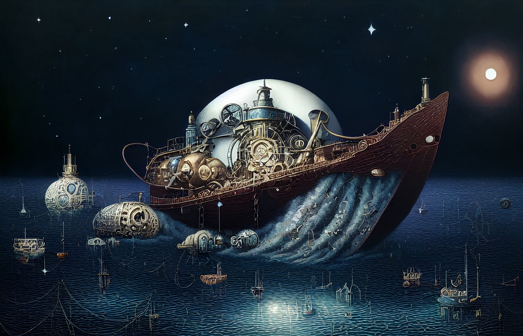 Intricate steampunk-style ship sailing starlit ocean