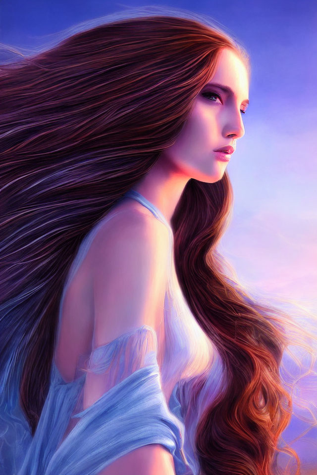 Illustrated portrait of woman with long flowing hair on purple background