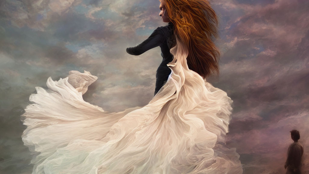 Woman in white dress with flowing hair under dramatic sky, man watching.