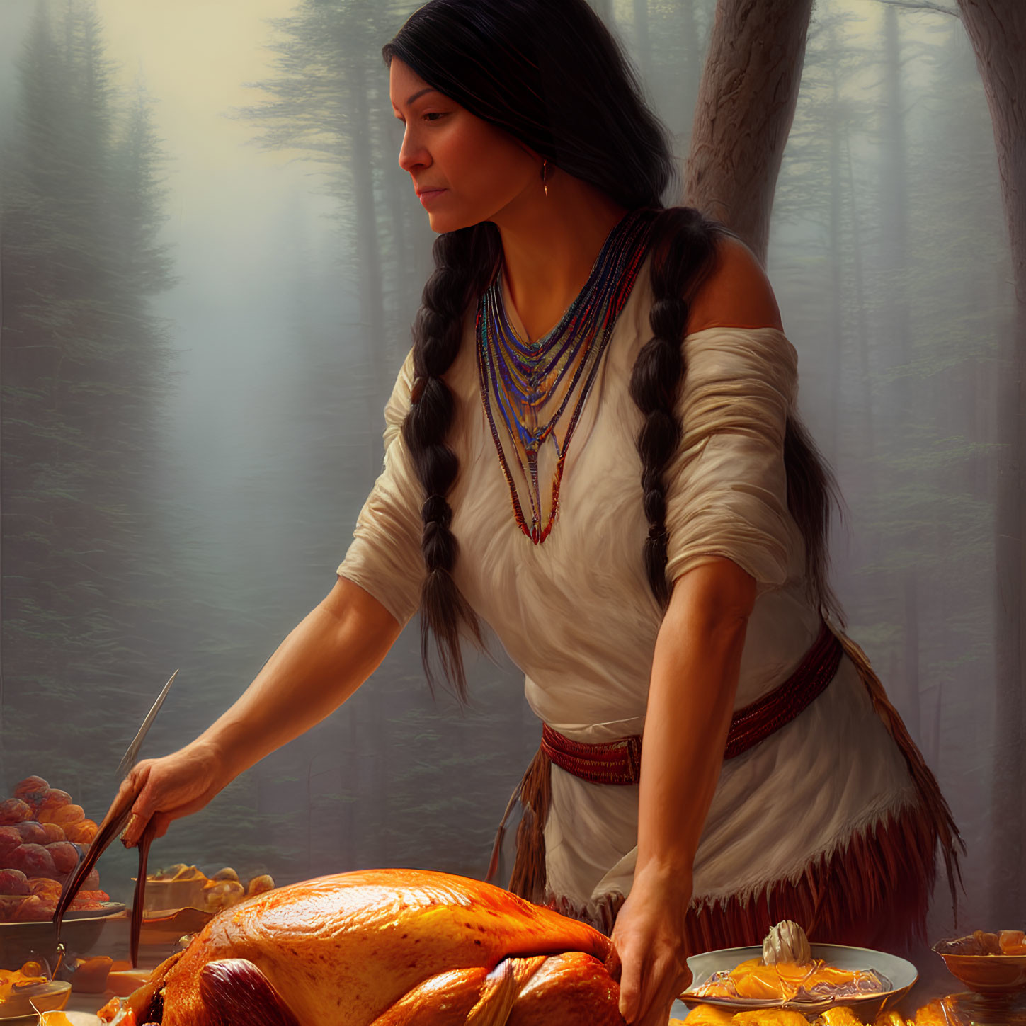 Traditional Native American woman cooking with turkey in forest setting