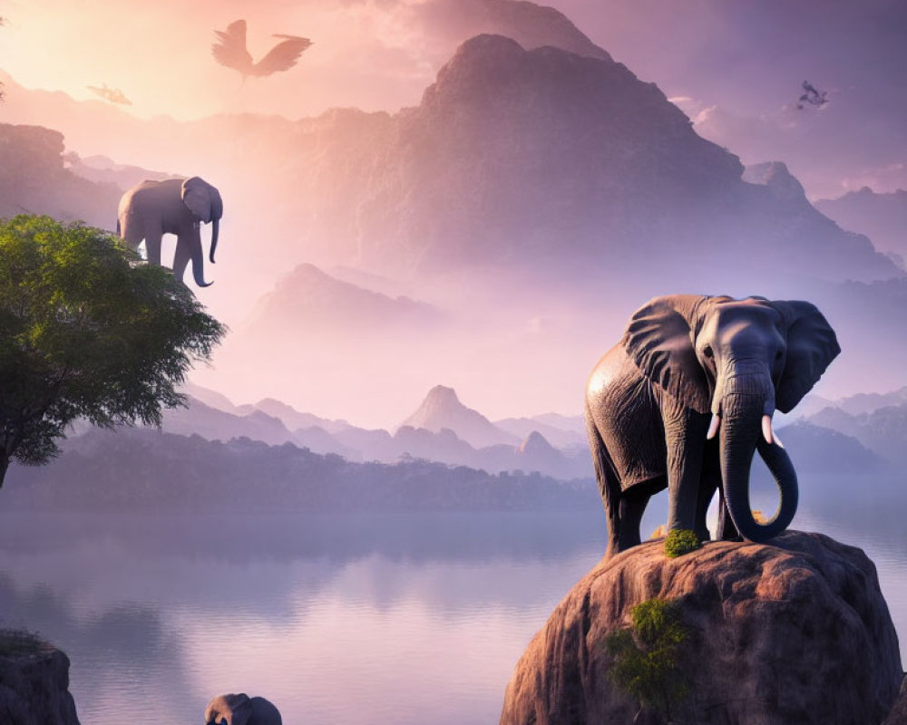 Elephants and bird at serene lake with mountains in twilight