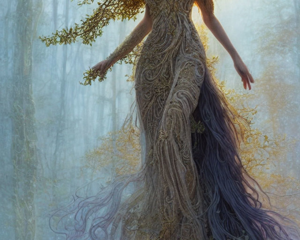 Woman in Tree Branch Gown Stands in Misty Forest