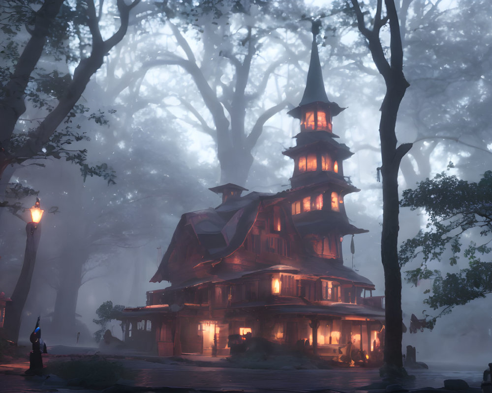 Enchanting multi-tiered house in foggy forest with glowing windows