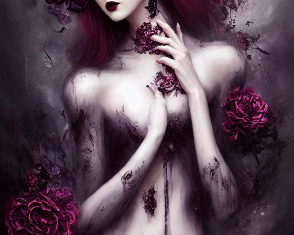 Pale woman with purple lips and eyeshadow, wearing a crown of dark roses among blooming flowers