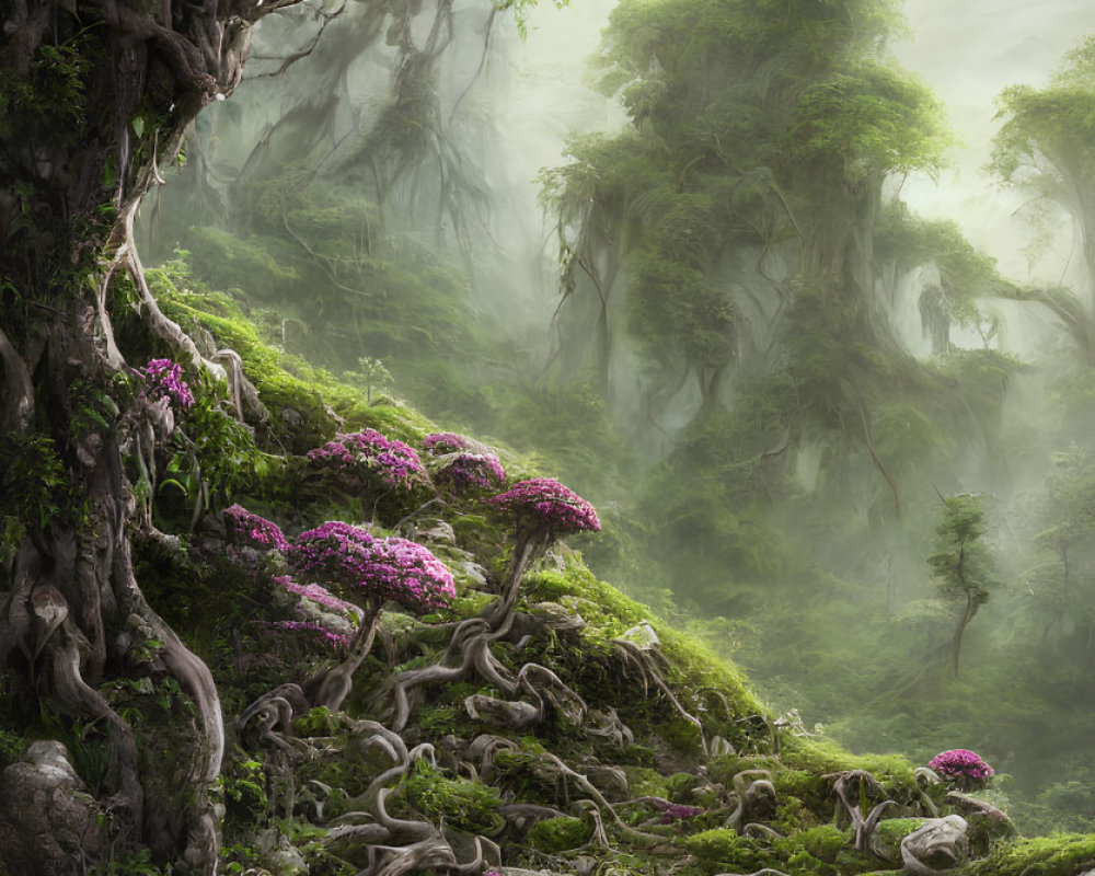 Twisted trees and pink flowers in mystical forest scene
