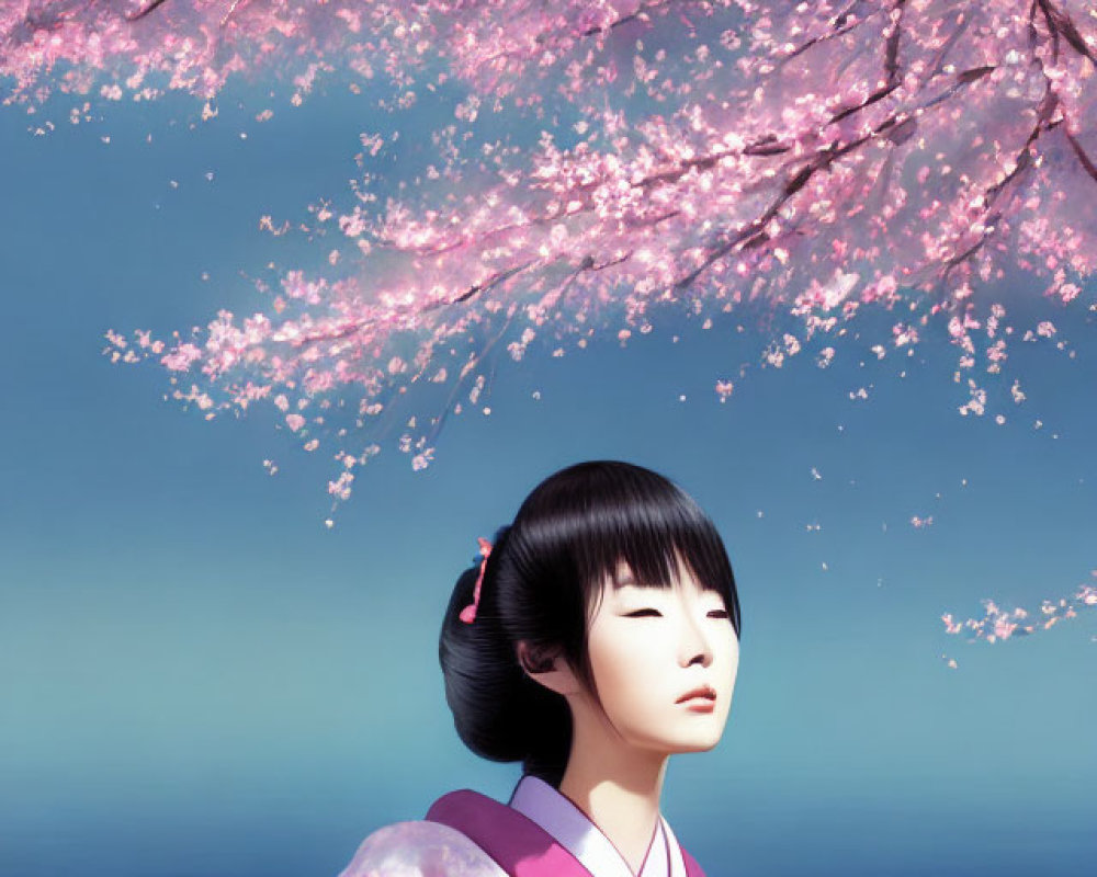 Person in pink kimono under cherry blossom tree by tranquil sea