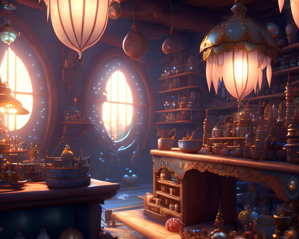Dimly Lit Fantasy Potion Shop with Glowing Lanterns & Magical Atmosphere