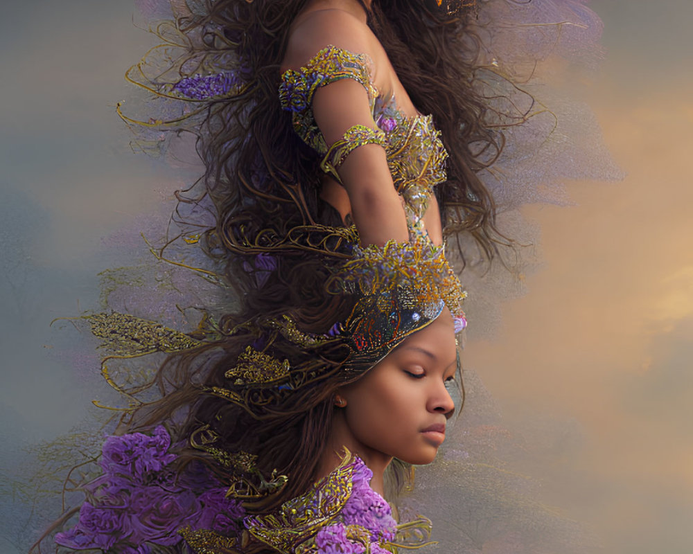 Elaborate golden crown and purple flower dress portrait