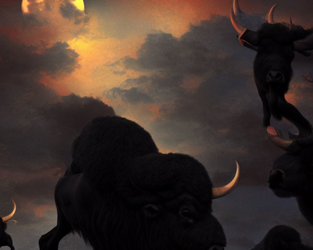 Bison herd under full moon and red clouds