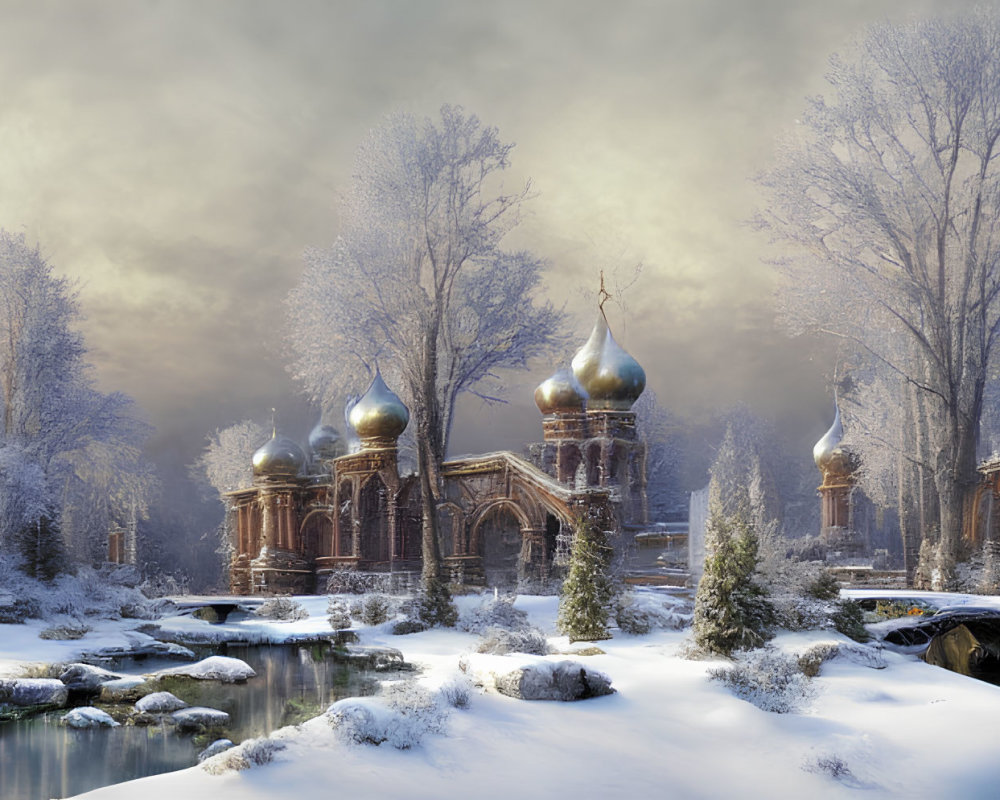 Traditional Russian church in serene winter scene with snow-covered trees and frozen creek