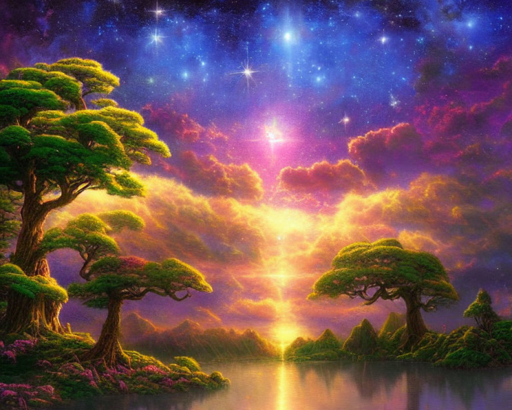 Fantasy landscape with starry night sky, celestial bodies, trees, lake, and purple flora