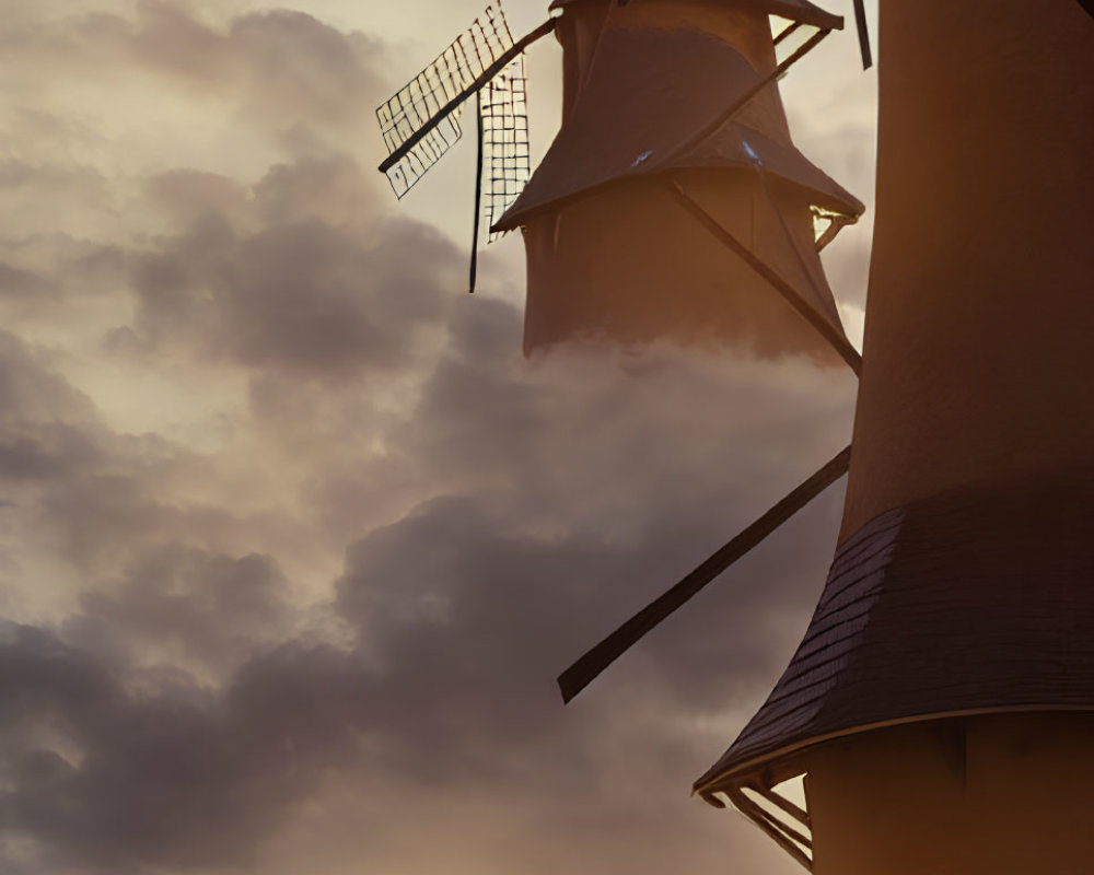 Red-haired child in blue dress admires windmills at sunset
