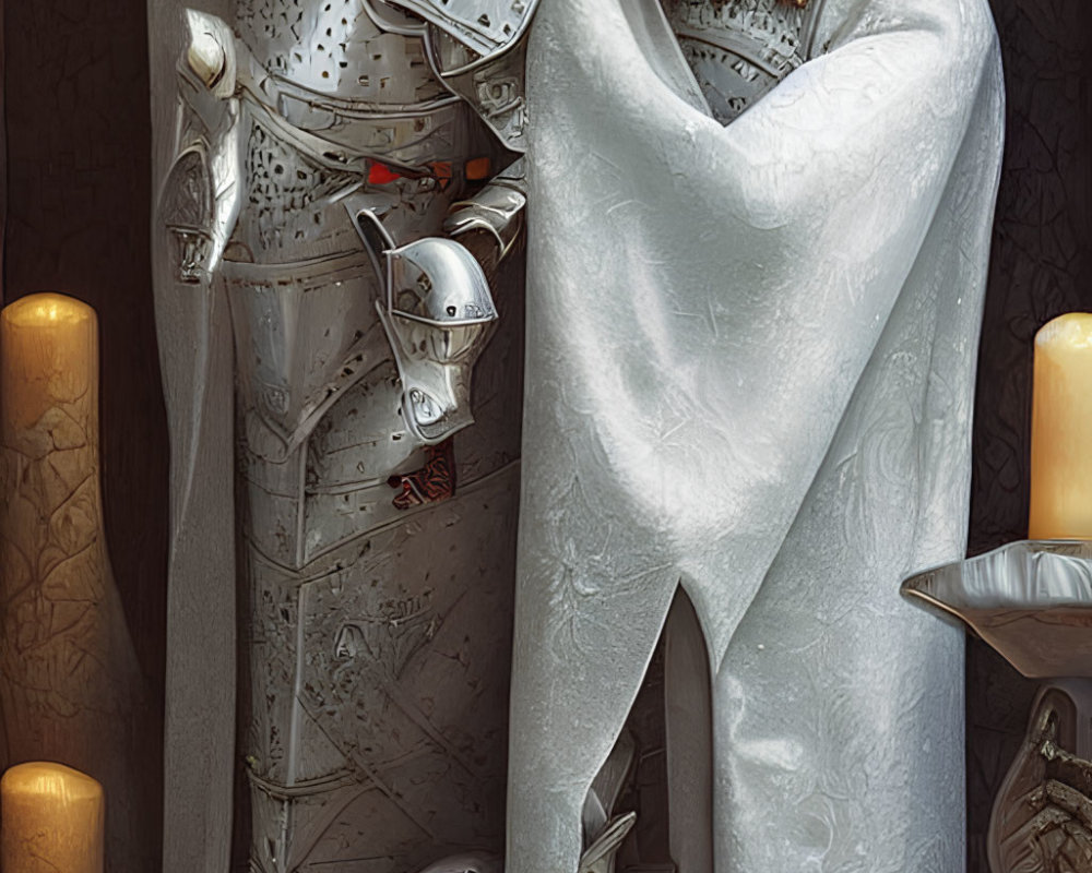 Knight and woman in ornate armor with white cape by candlelit wall