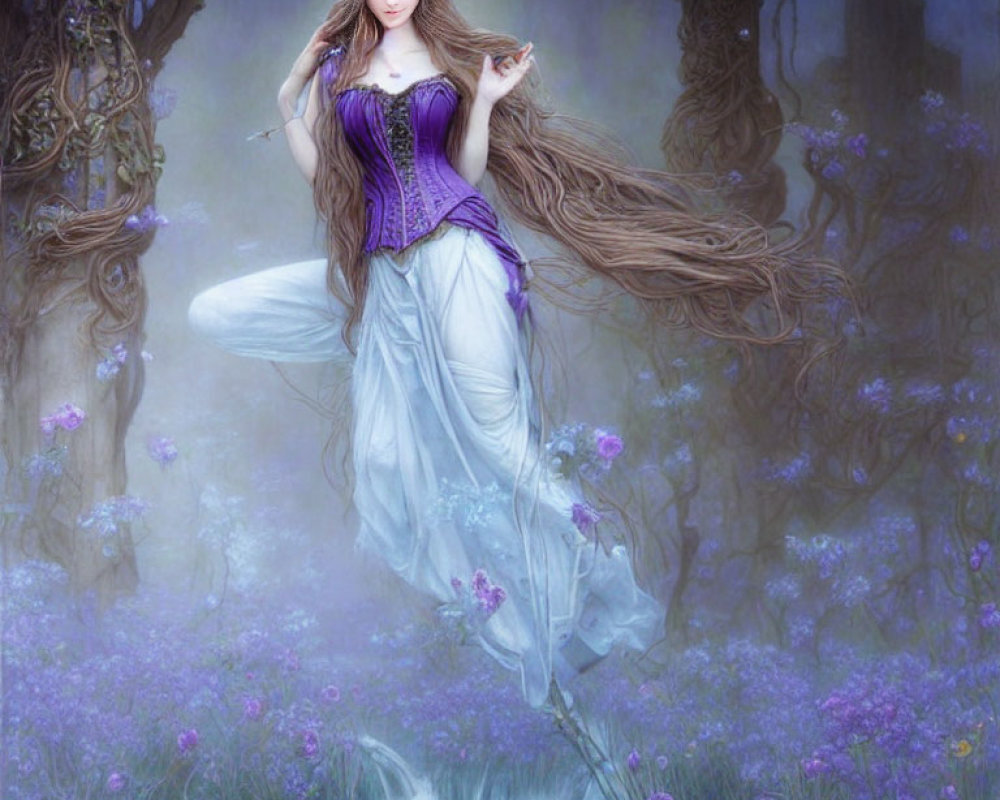 Fantasy woman in purple corset and white skirt in mystical setting