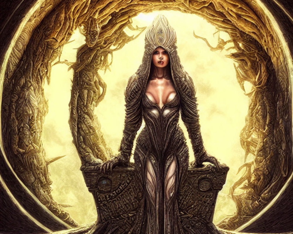 Majestic woman in gothic gown at center of golden tunnel