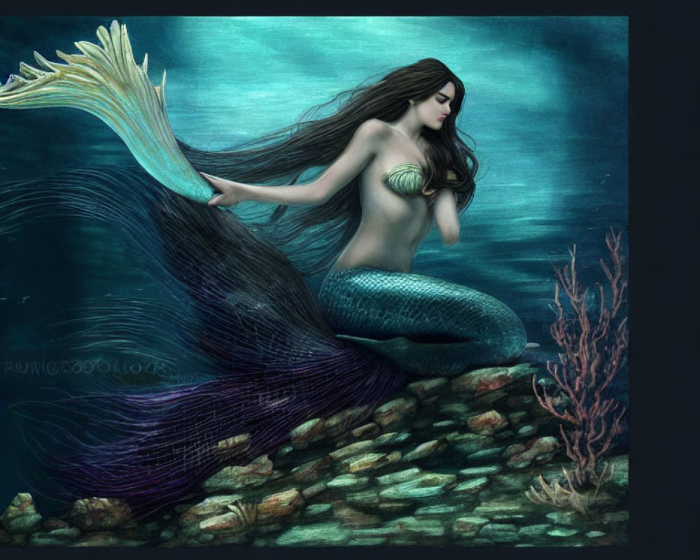 Teal-tailed mermaid with flowing hair in serene underwater scene
