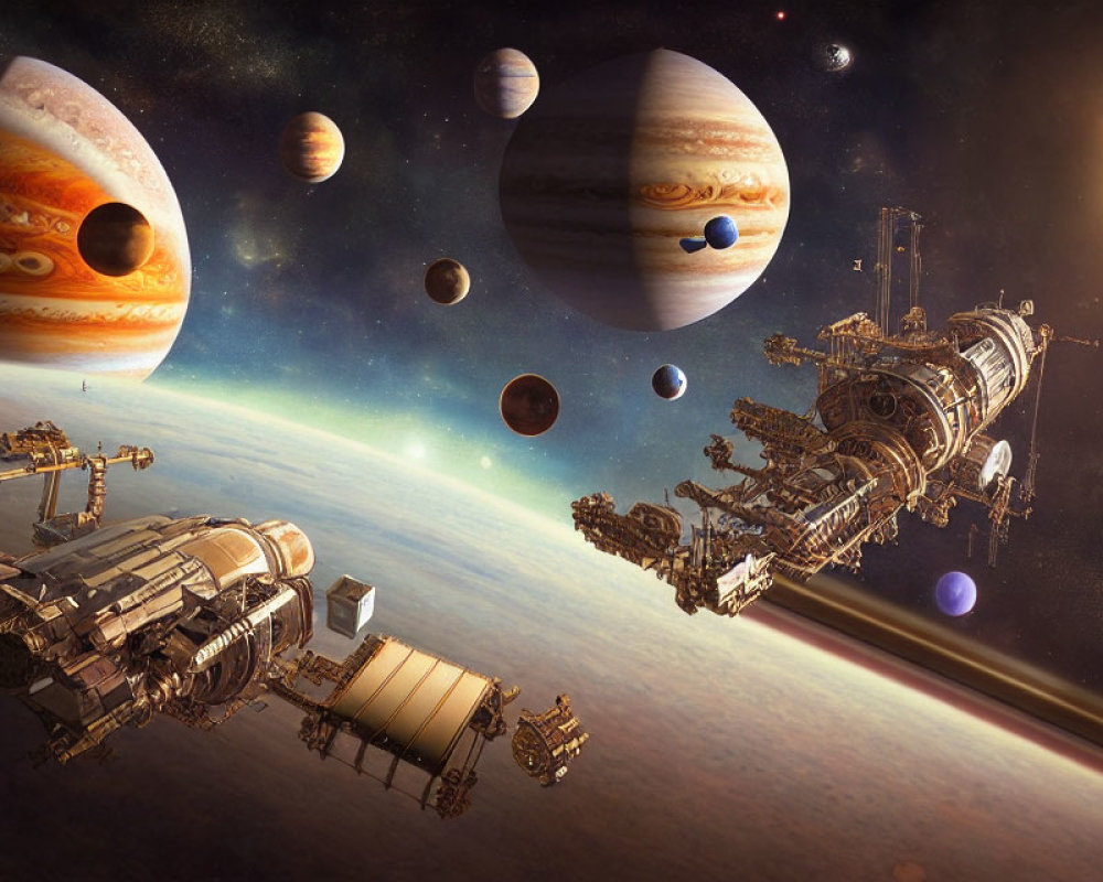Detailed Spaceships and Colorful Planets in a Fantastical Space Scene