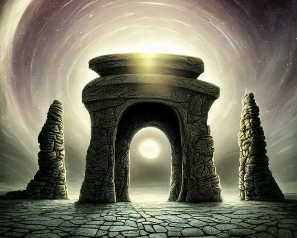Stone archway under cosmic sky with celestial object and rock formations.