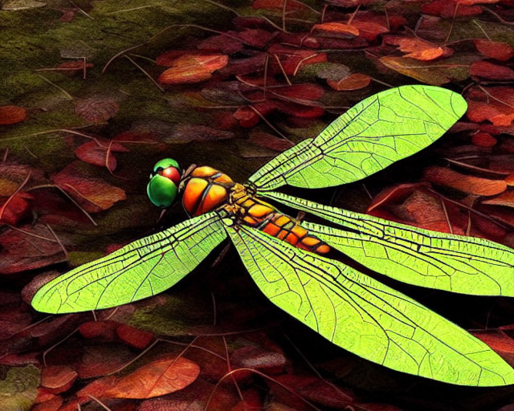 Colorful dragonfly on red and brown leaves in forest scene