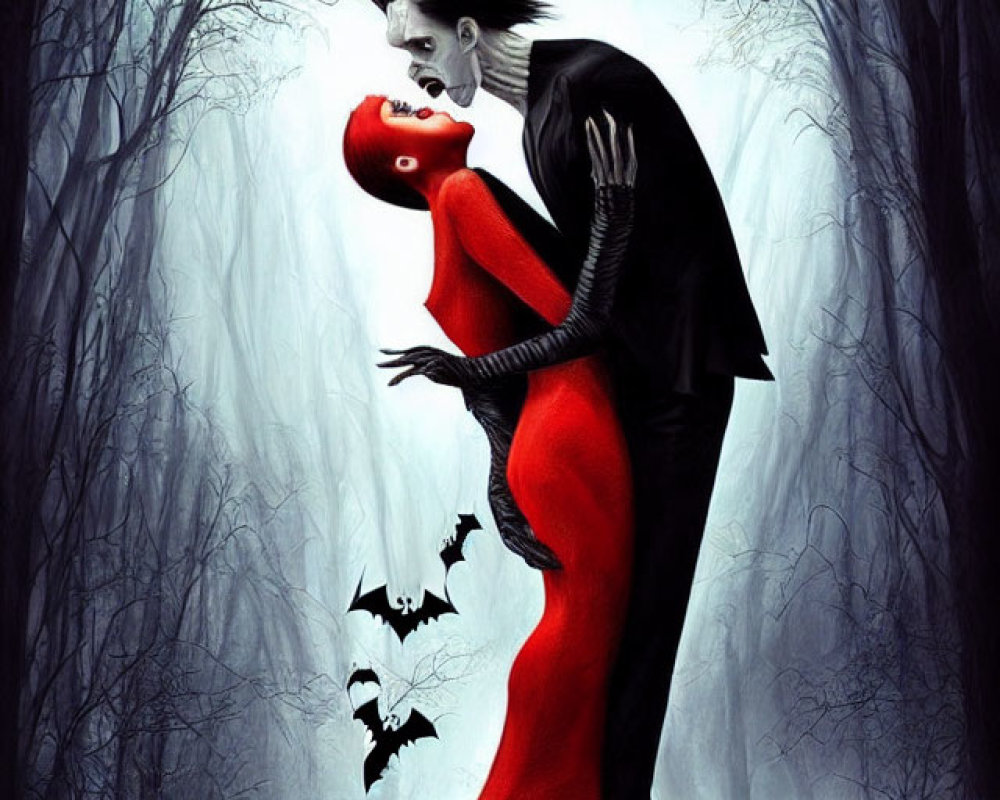 Gothic-style illustration of tall vampire embracing woman in red dress in gloomy forest