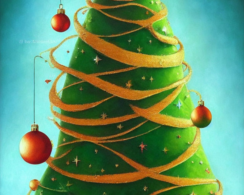 Whimsical Christmas tree with red ornaments and golden ribbon on teal backdrop
