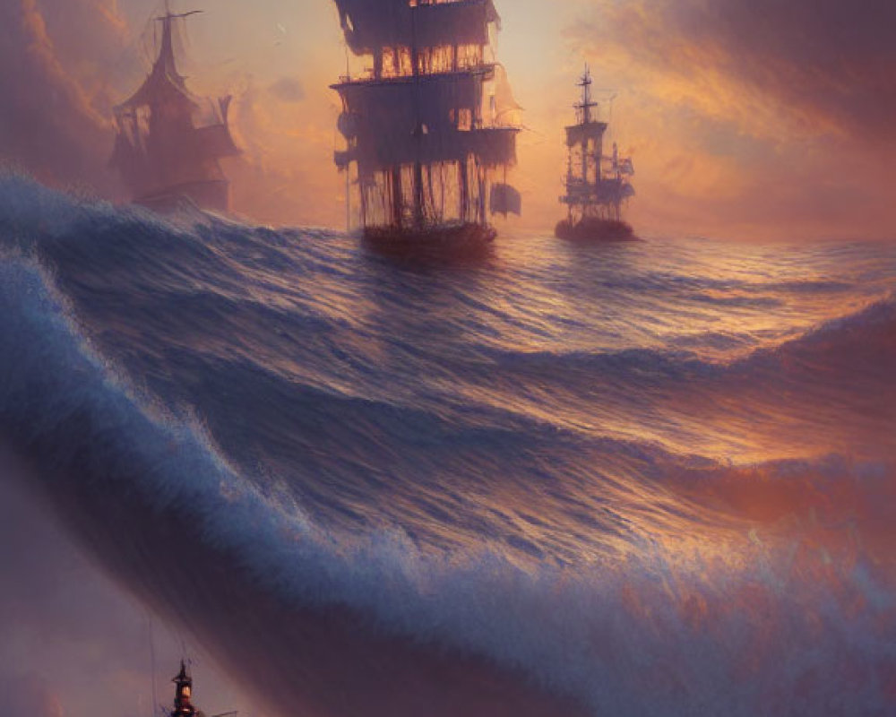 Tall ships sailing through towering waves at sunset