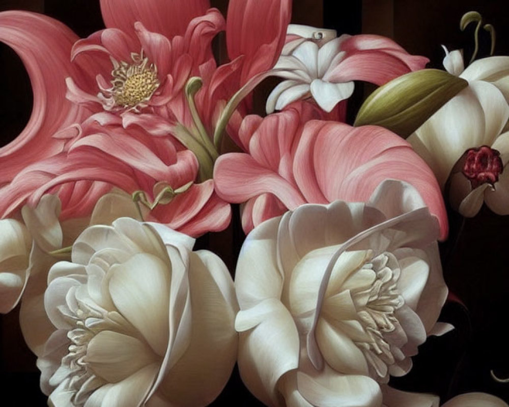 Realistic painting of large pink and white flowers on dark background