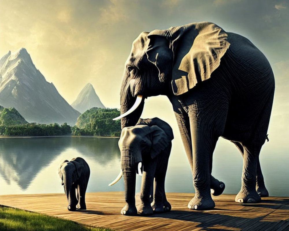 Elephant family on wooden pier by lake with mountains