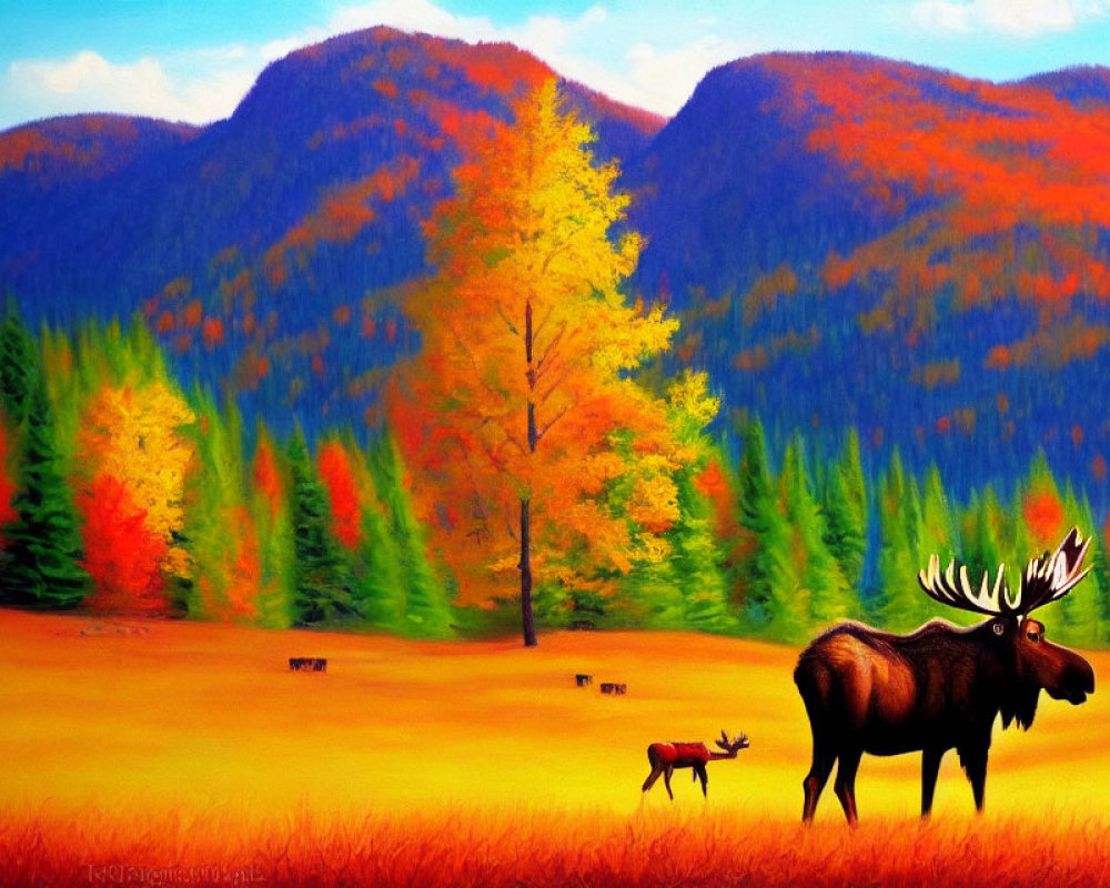 Colorful Autumn Forest Painting with Moose and Mountains