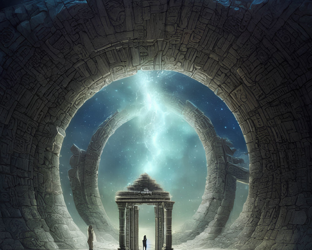 Intricate Carved Archway Frames Starry Nebula Sky and Temple with Silhouetted