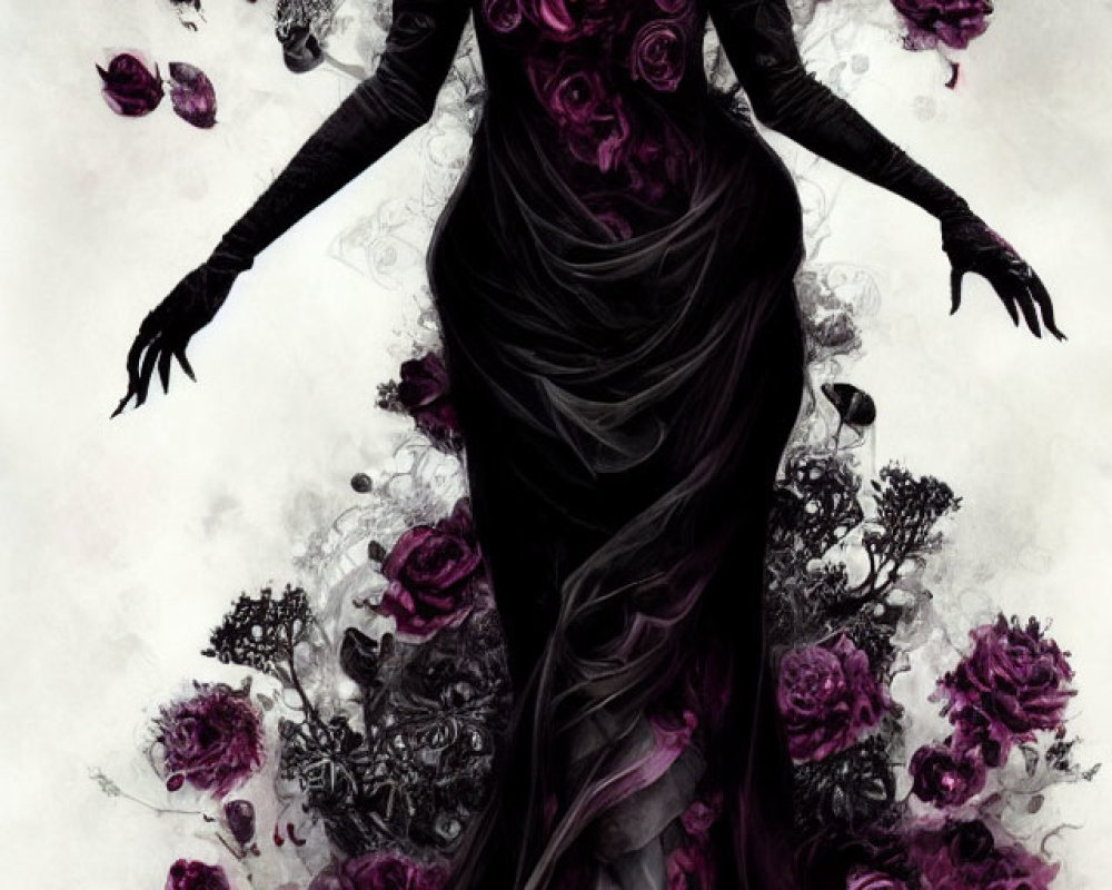 Gothic figure in black dress with dark roses and swirling petals