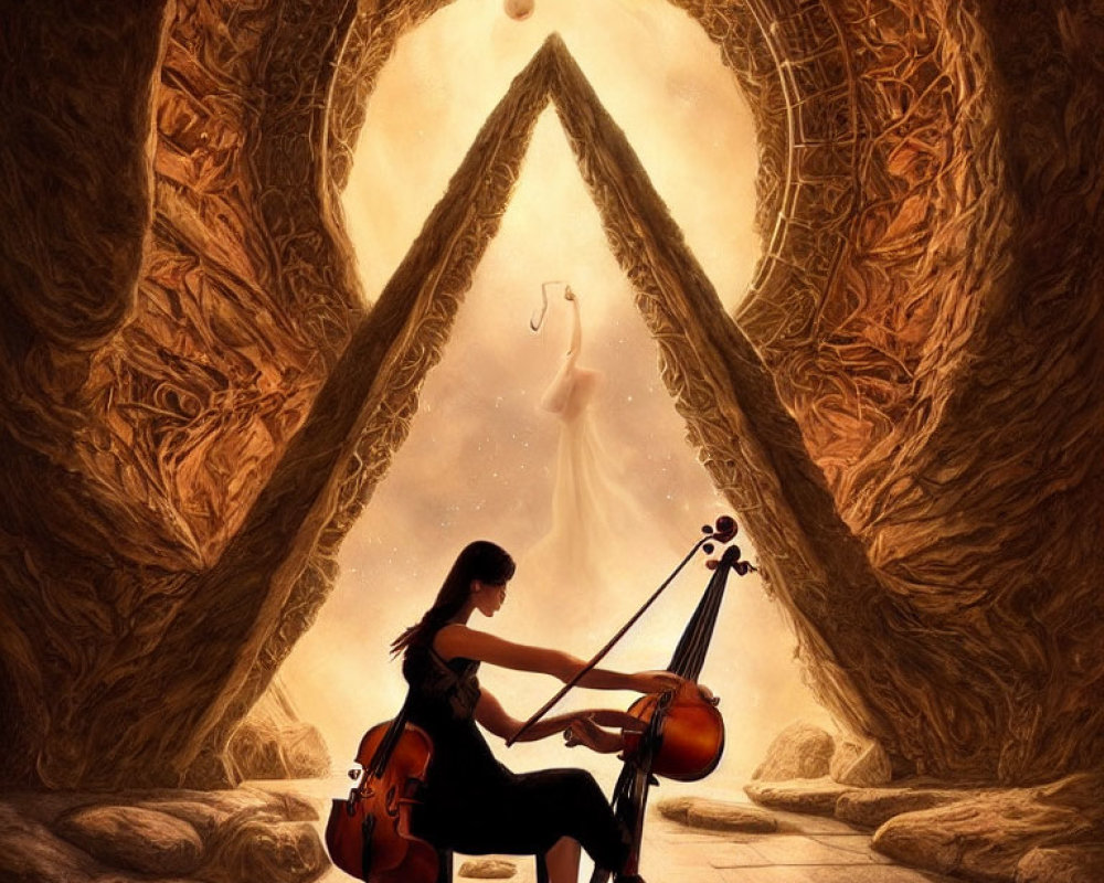 Woman playing cello in mystical cave with floating figure under ethereal sky