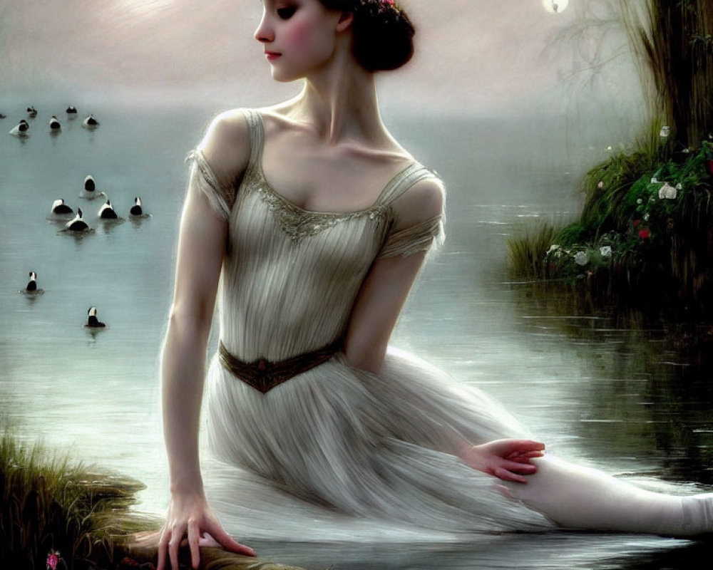 Elegant ballerina by misty lake at twilight