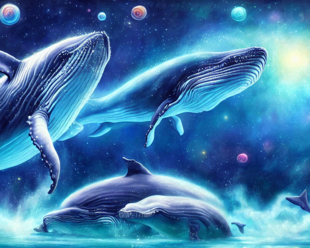 Whimsical illustration of humpback whales in celestial ocean