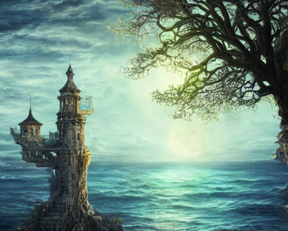 Fantasy castle on rocky island in stormy sea with glowing sun & ethereal tree