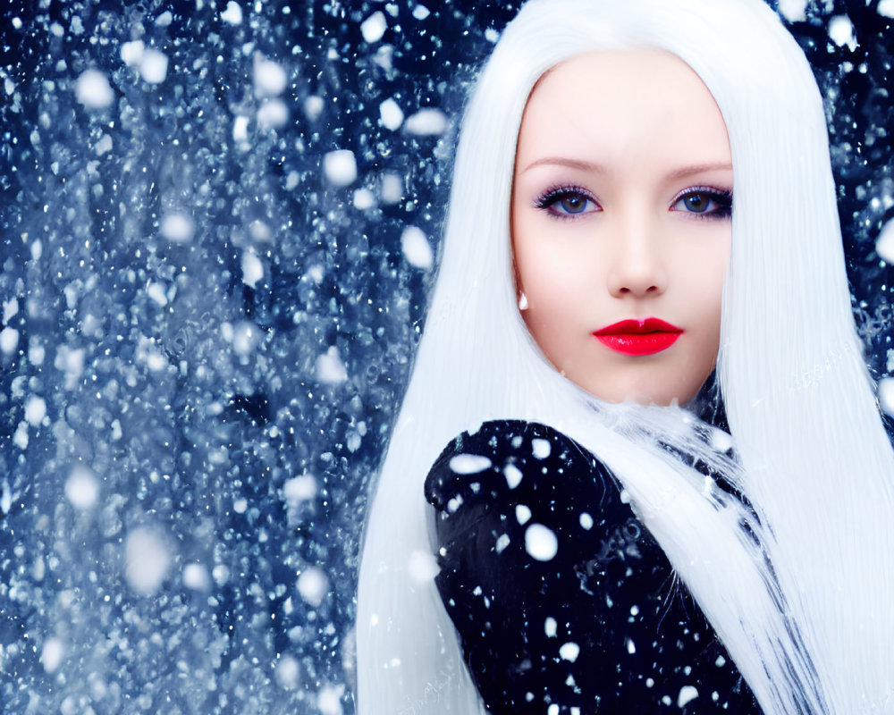 Person with white hair and red lipstick in snowy setting with falling snowflakes