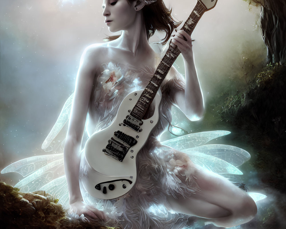 Winged female figure with deer antlers holding electric guitar in misty forest