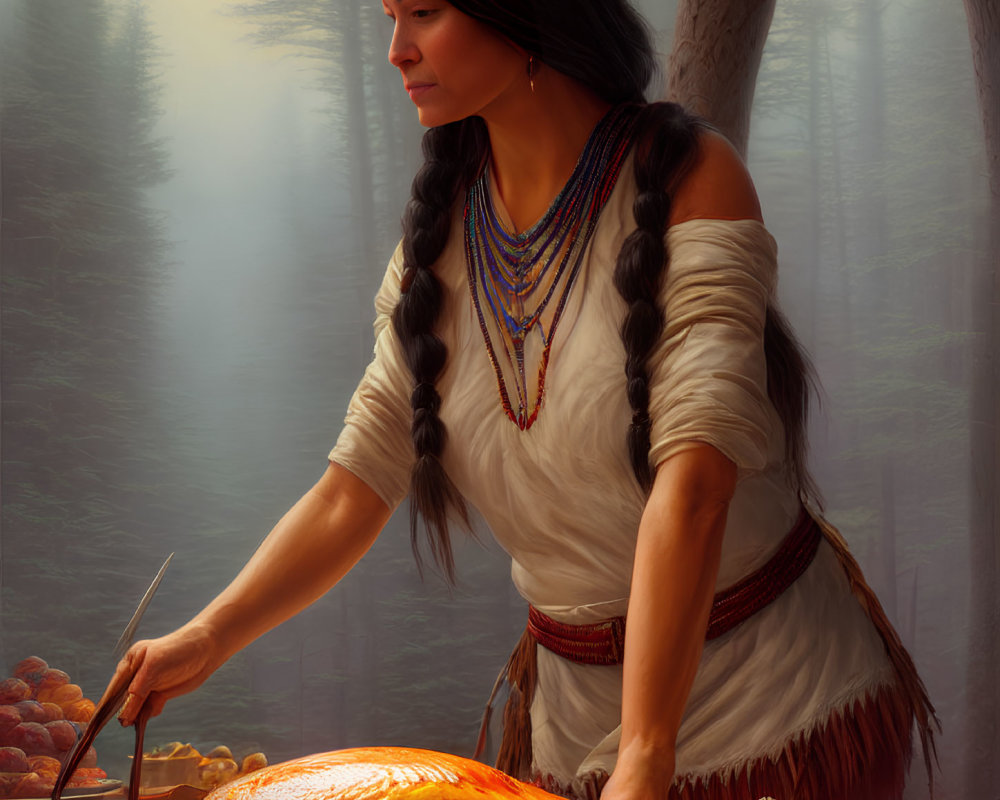 Traditional Native American woman cooking with turkey in forest setting