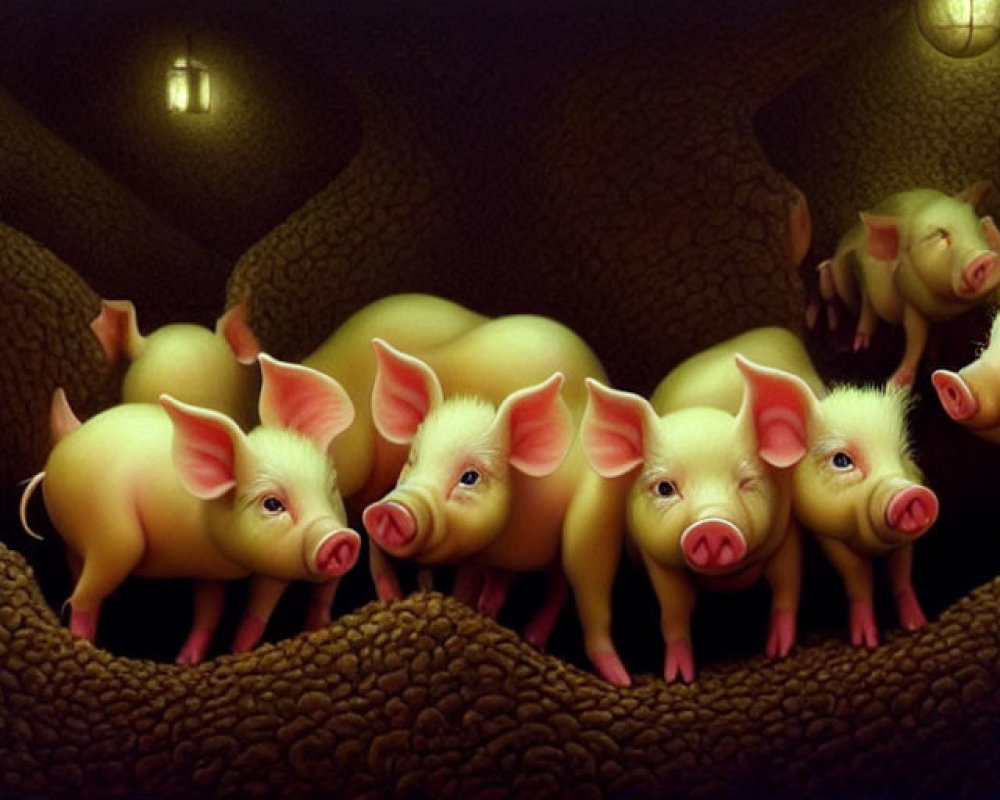 Surreal painting featuring oversized-headed pigs in lantern-lit underground scene