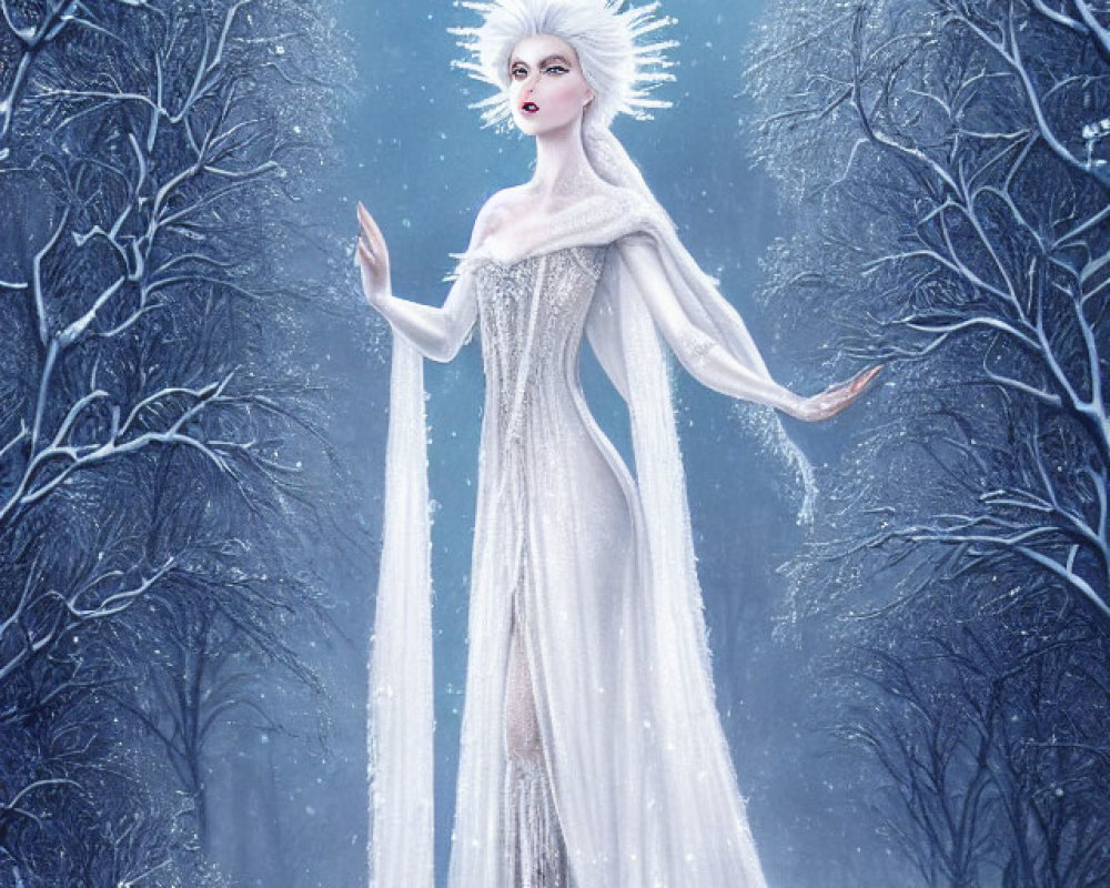 Ethereal winter queen with ice crown in snowy forest landscape