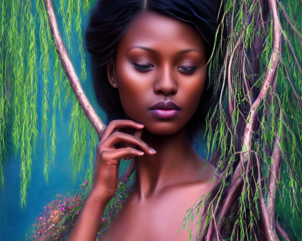 Dark-skinned woman among green willow branches with hand on chin