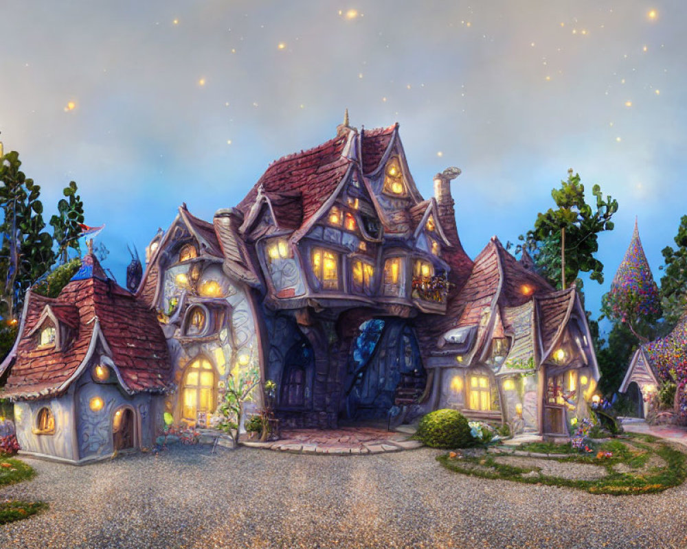 Digital artwork: Cozy fairytale cottage with multiple roofs in magical evening ambiance