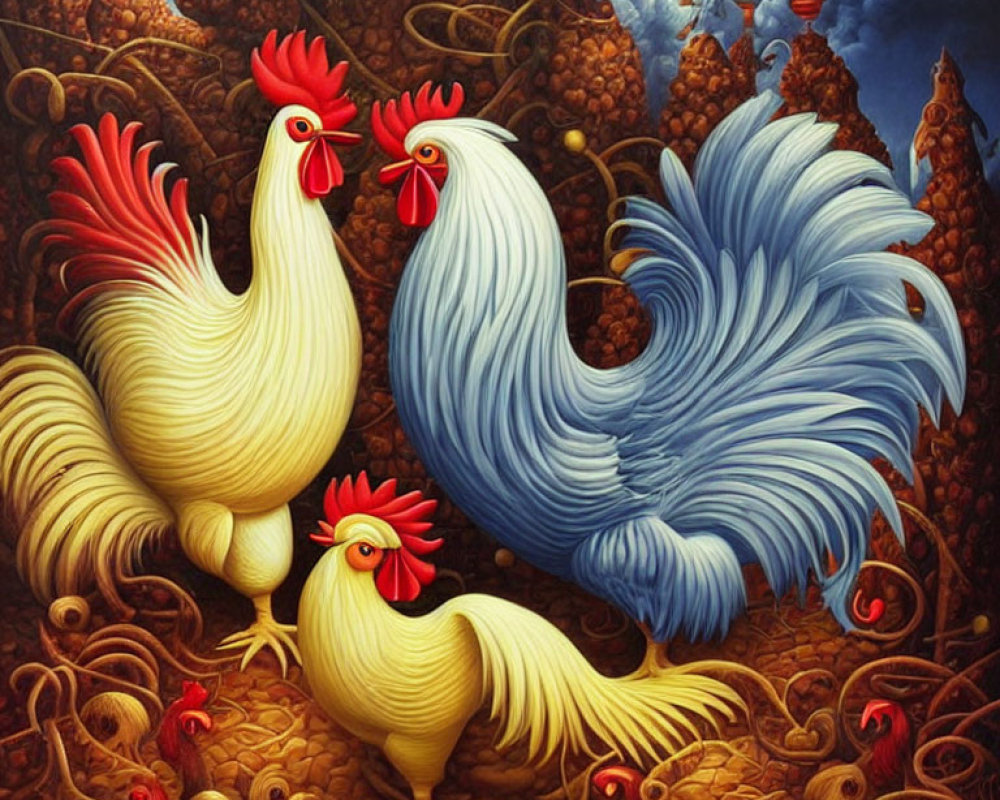 Colorful painting of three stylized roosters with intricate feathers on golden beehive backdrop