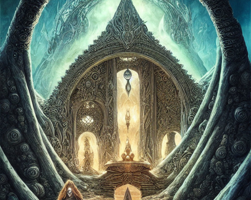 Intricate design fantasy portal with cloaked figure under glowing archway
