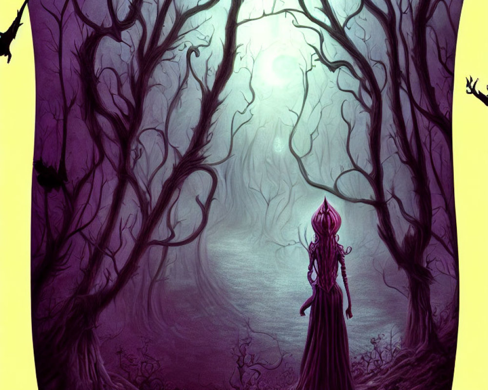 Mysterious cloaked figure in purple forest with glowing light